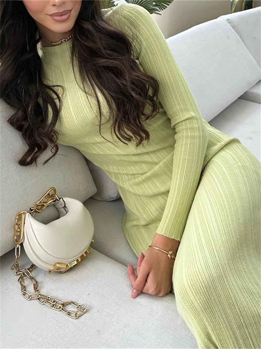 Casual Knit Ribbed Long Sleeve Bodycon Dress - Solid Color - Image 7