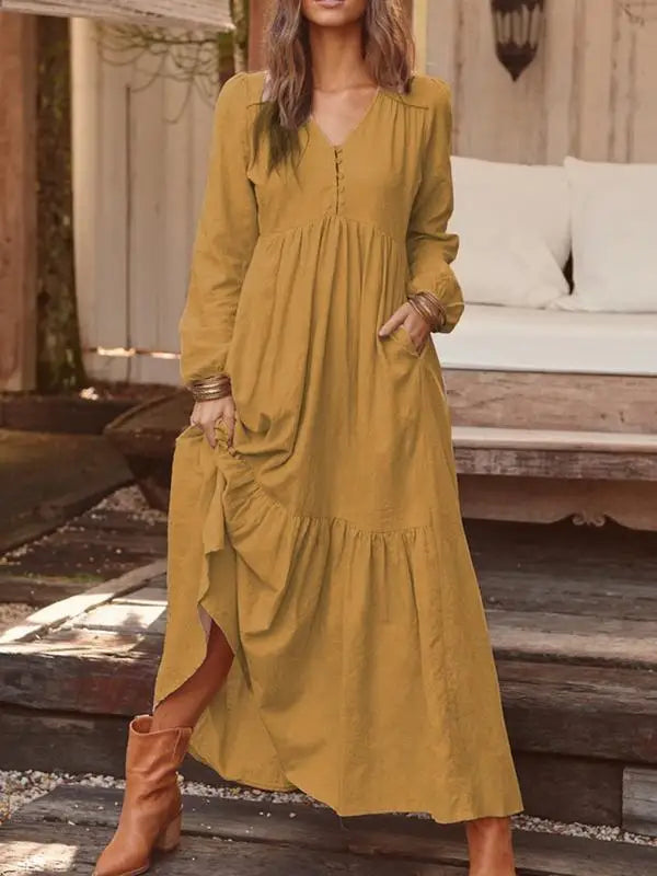 Elegant Vintage V-Neck Cotton-Linen Maxi Dress for Women - Image 11