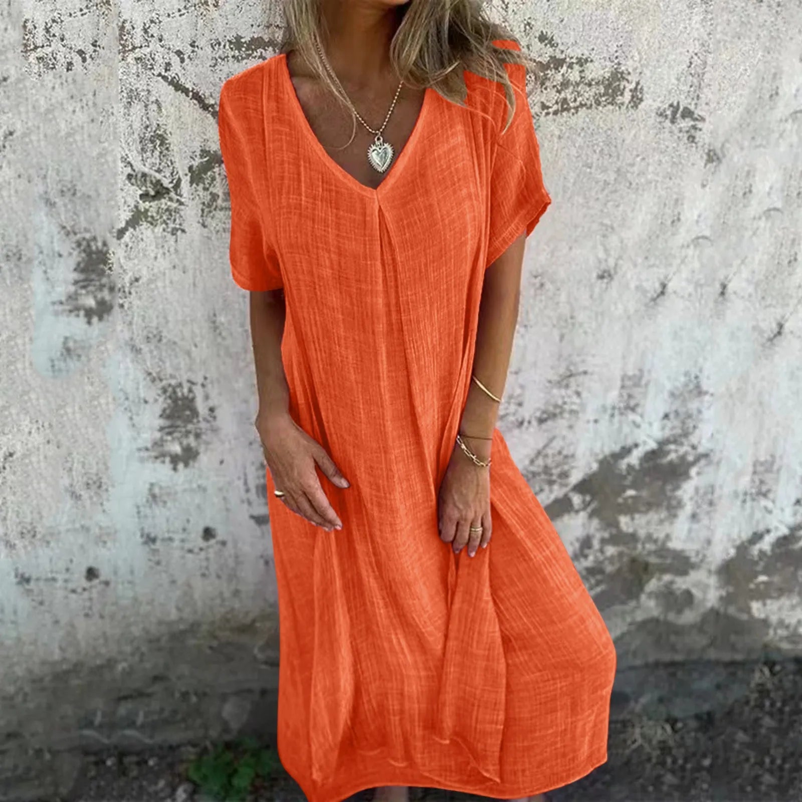 Women’s V-Neck Summer Cotton Linen Loose Beach Dress