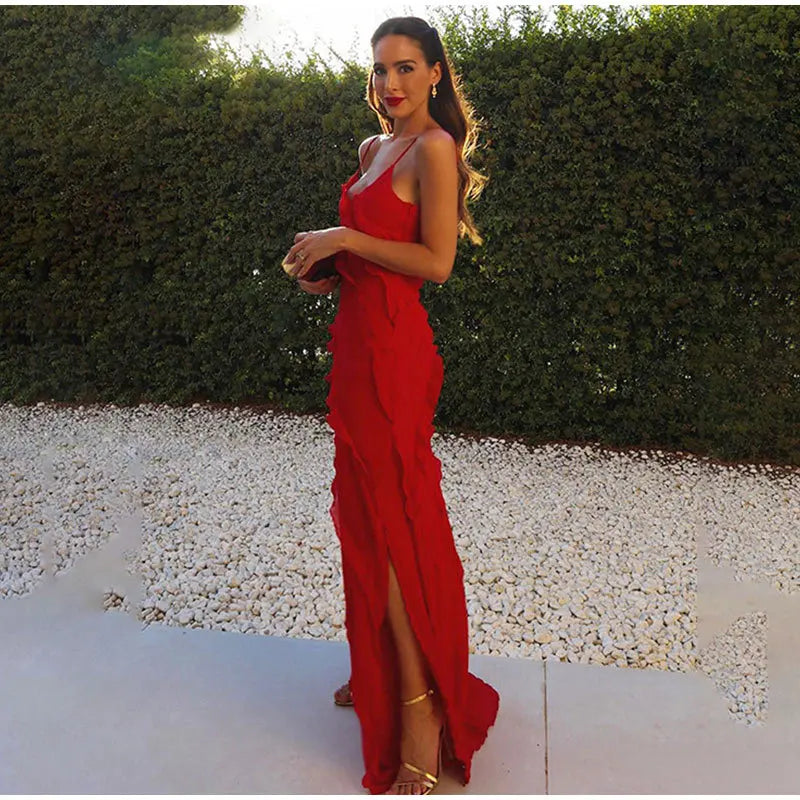 Elegant Red Chiffon Maxi Dress with Spaghetti Straps and Ruffles - Image 23