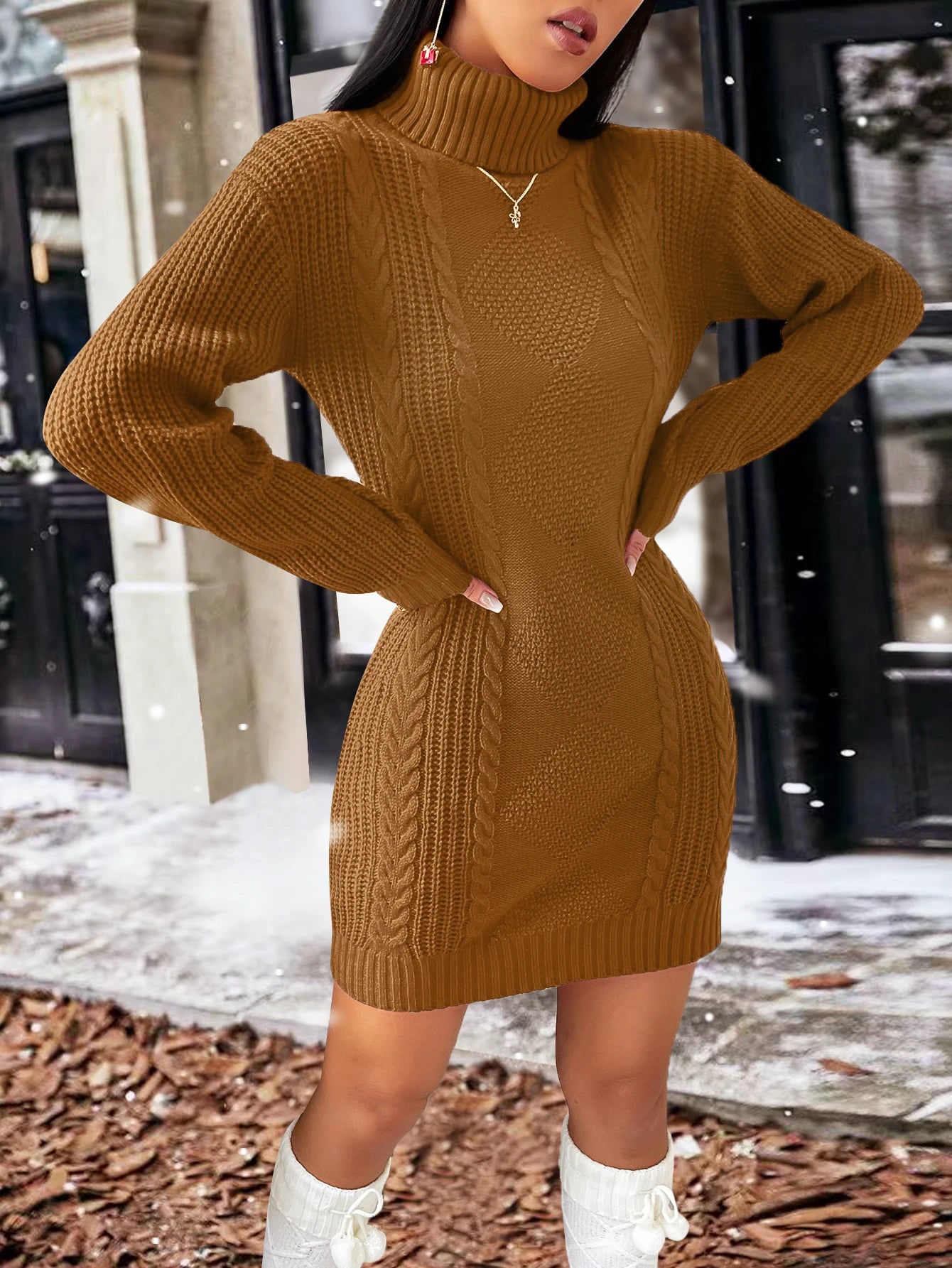 Chic Casual High Collar Knitted Wool Dress for Autumn Winter - Image 6