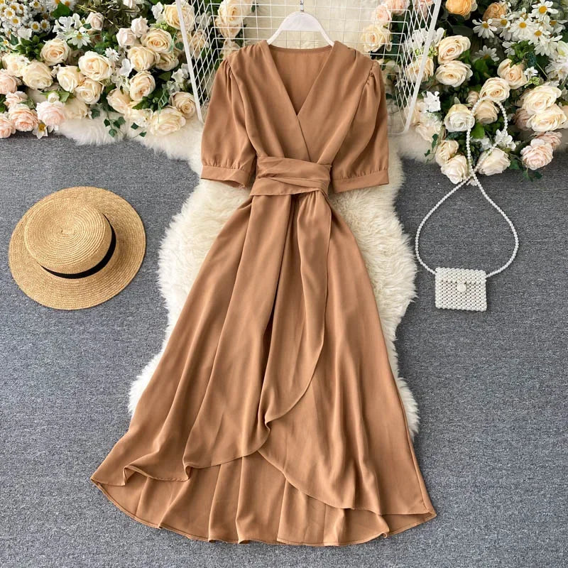 V-neck Solid Color Bubble Dress with Ruffle Edges - Image 12