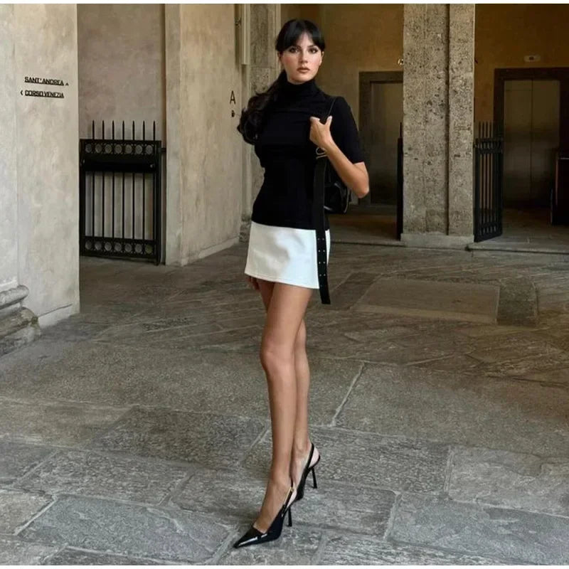 Elegant Contrast Turtleneck Mini Dress for Women - Image 19