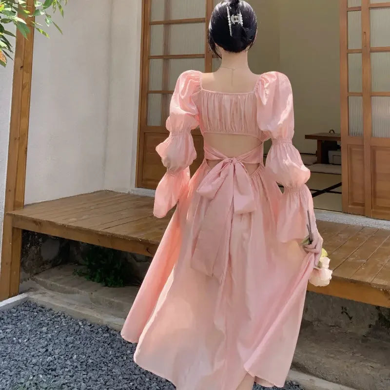 Elegant Pink Puff Sleeve Chiffon Dress for Women