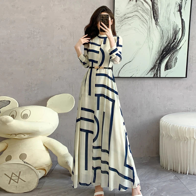 Elegant Vintage Floral O Neck Long Sleeve Dress - Image 2