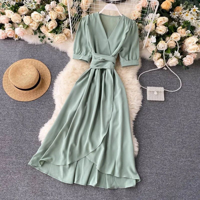 V-neck Solid Color Bubble Dress with Ruffle Edges - Image 17