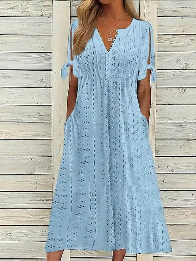 Summer Solid Color Women’s V Neck Lace Dress - Image 5