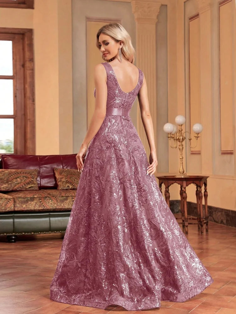 Elegant Deep V-Neck Sequined Blue Evening Dress for Events - Image 45