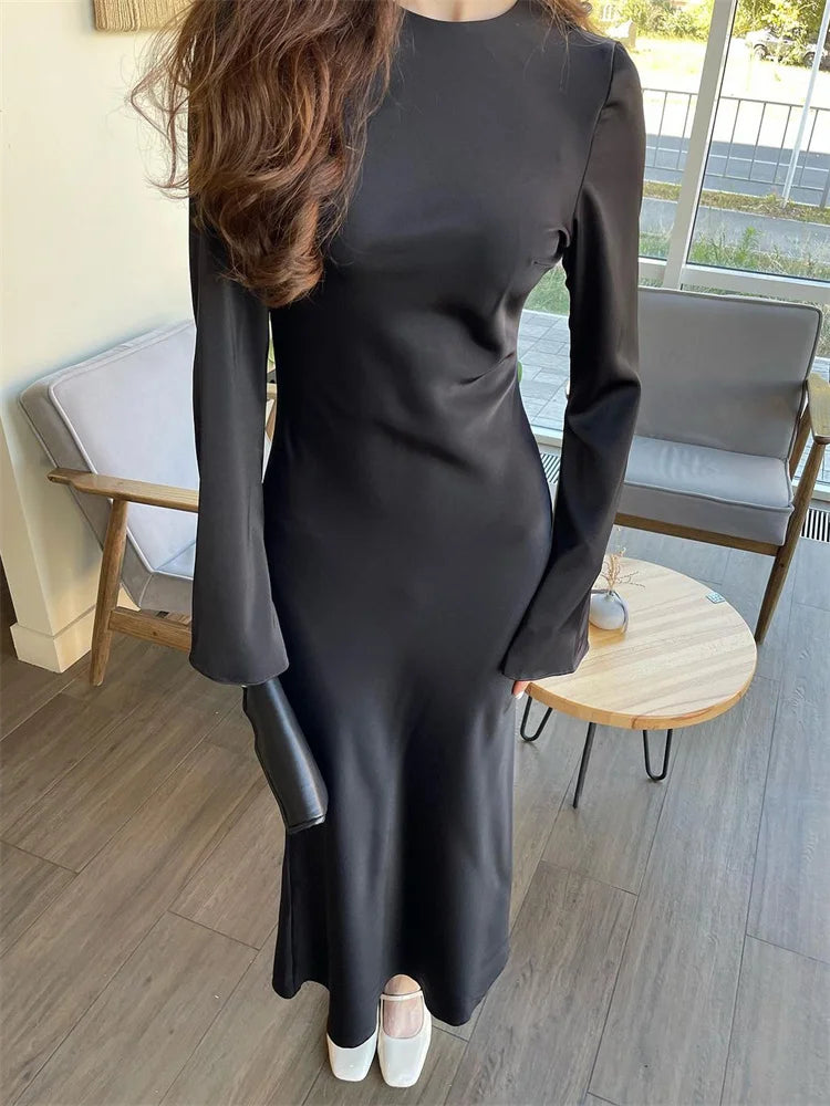 Elegant Long Sleeve Satin Maxi Dress for Women - Image 31