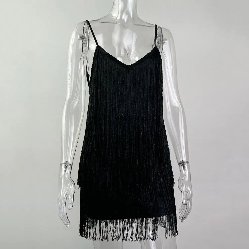 Elegant V-Neck Backless Dress with Shiny Tassel Fringe - Image 3