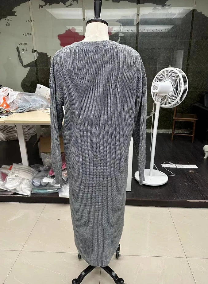 Women's Slim Fit Knitted Long Dress with Irregular Sleeves - Image 7