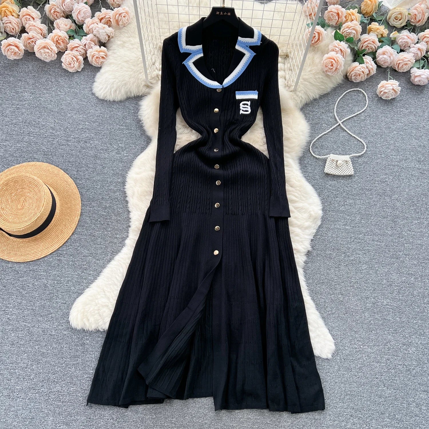 Elegant V-Neck Knitted Dress for Women - Long Sleeve A-Line - Image 18