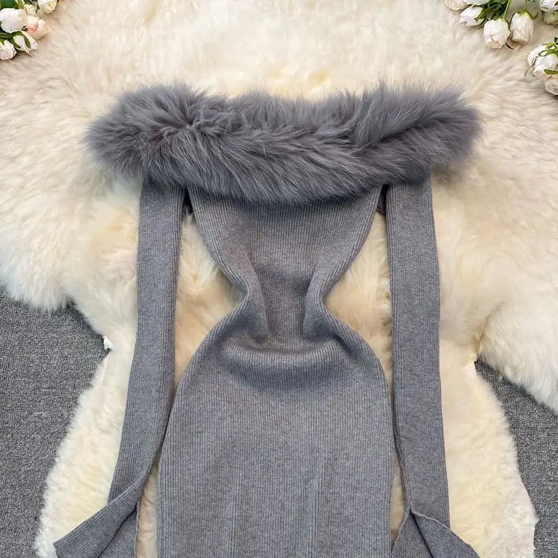 Trendy One-Shoulder Knit Dress with Hairy Collar - Image 20