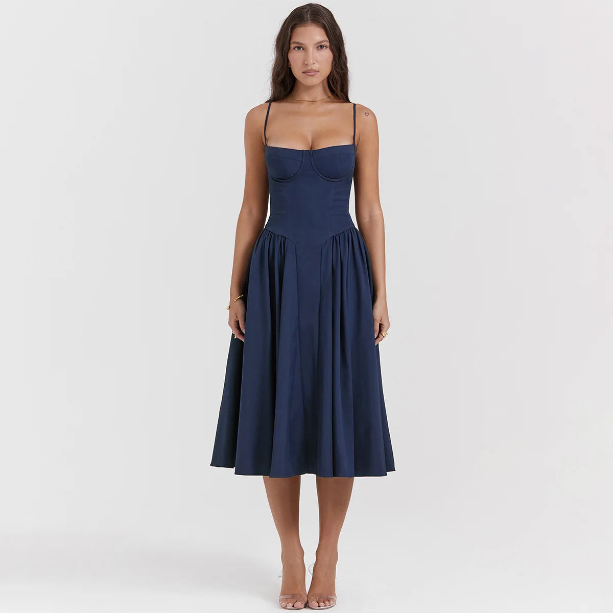 Elegant Sleeveless Midi Dress with Frill Hem & Corset - Image 62