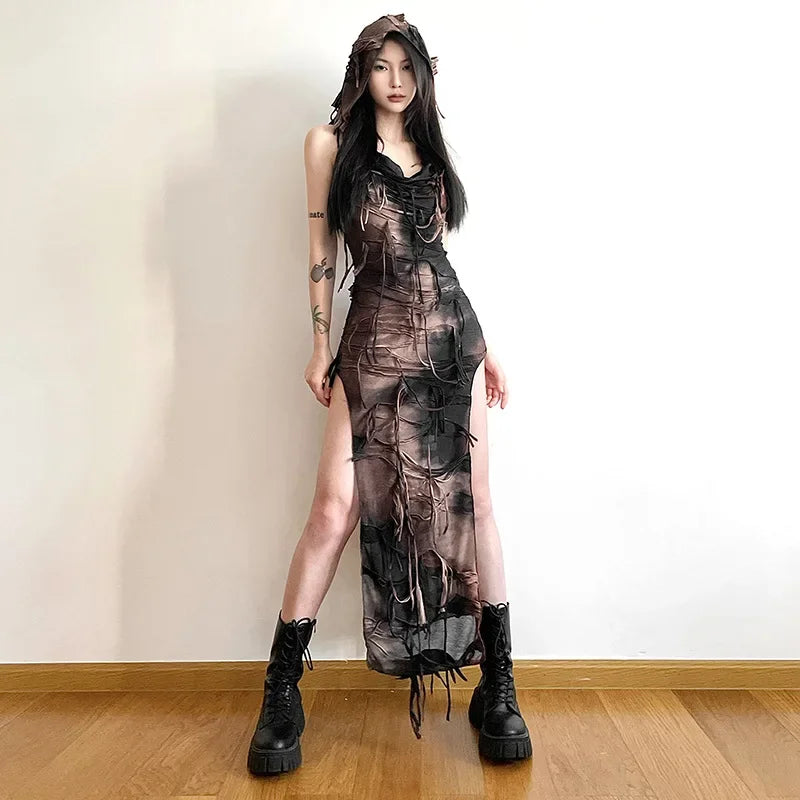 Vintage Gothic Hooded Midi Dress with High Split - Image 3
