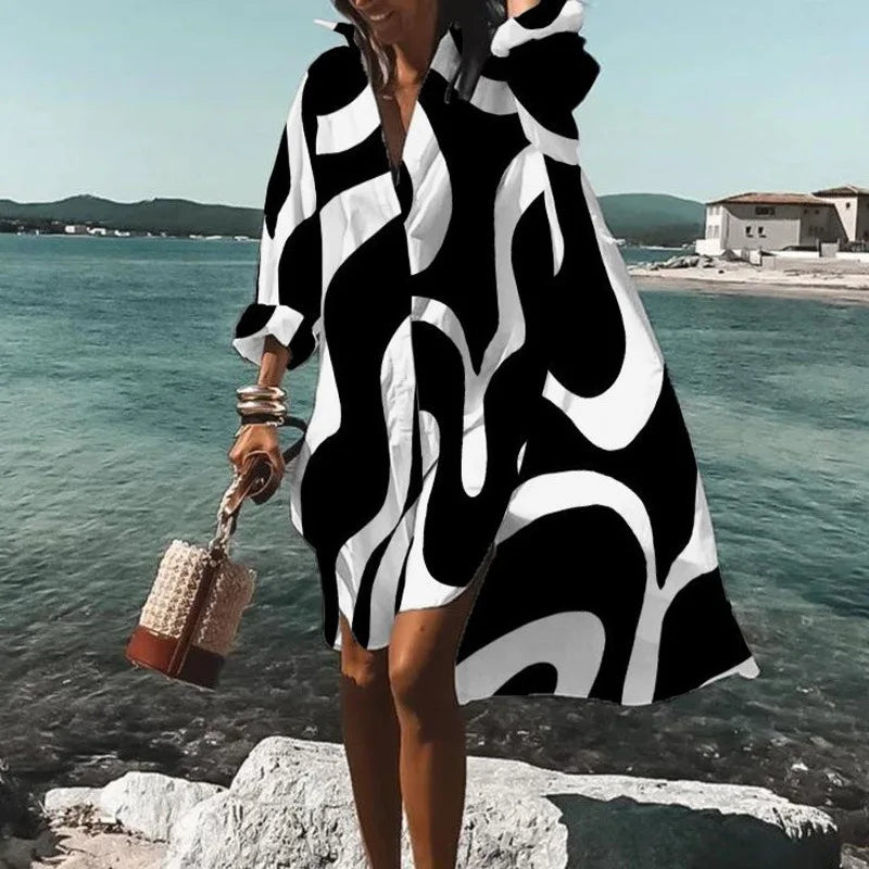 Chic Autumn Printed Lapel Long Sleeve Dress for Women - Image 10