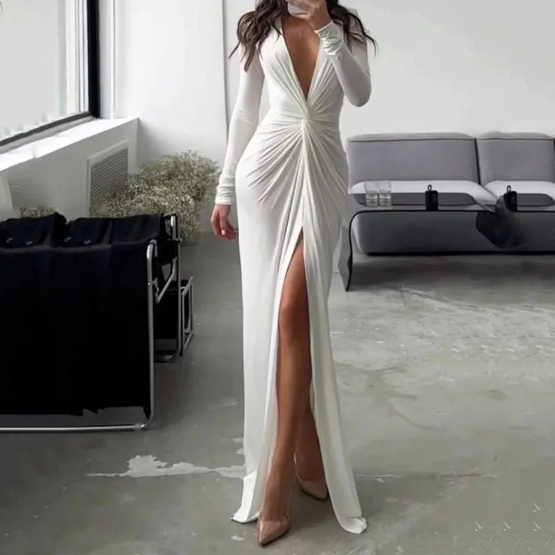 Elegant Women's Maxi Dress with Slit and V-Neck - Image 7