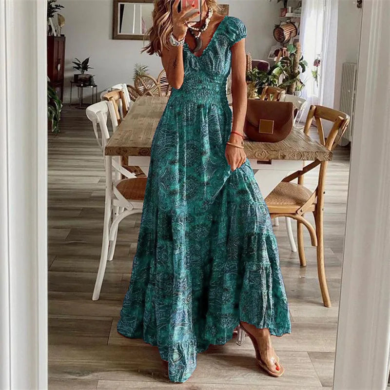 Floral Print A-line Bohemian Dress with Petal Sleeves - Image 20