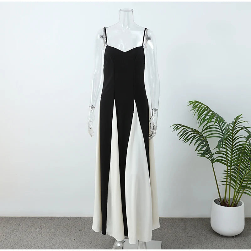 Elegant Slim Contrast Patchwork Sling Maxi Dress for Women - Image 12