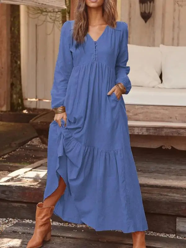 Elegant Vintage V-Neck Cotton-Linen Maxi Dress for Women - Image 21