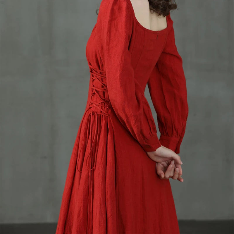 90s Vintage Red Long Sleeve A-Line Dress for Women - Image 5