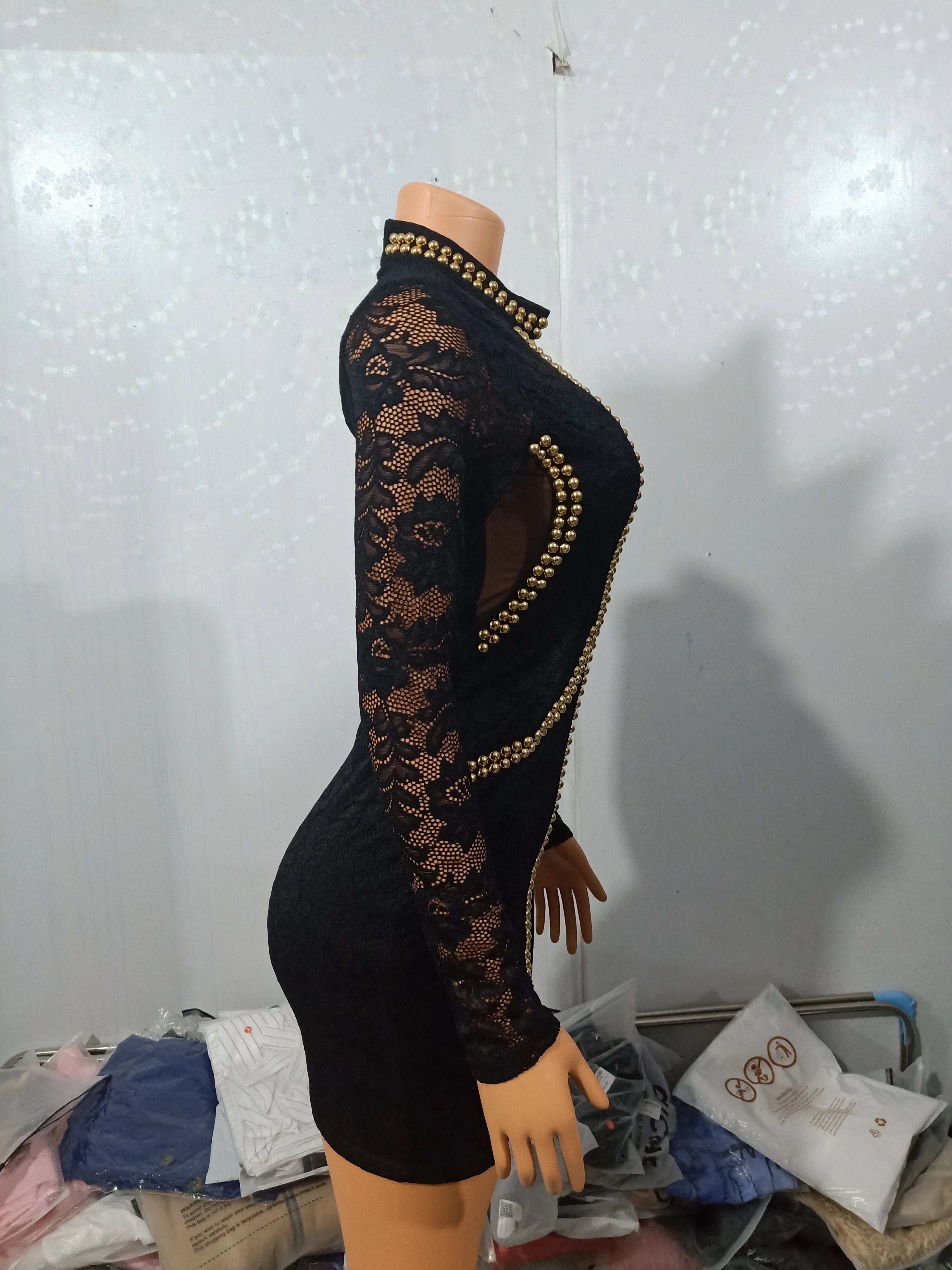 V-Shaped Collar Lace Mini Dress with Long Sleeves - Image 11