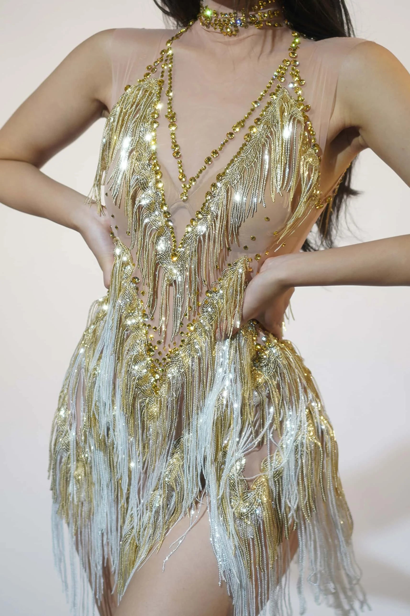 Rhinestone Tassel Latin Dance Dress for Performers - Image 6