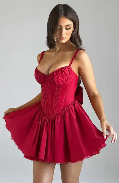 Women's Lace Trim Sleeveless A-Line Corset Mini Dress - Image 15