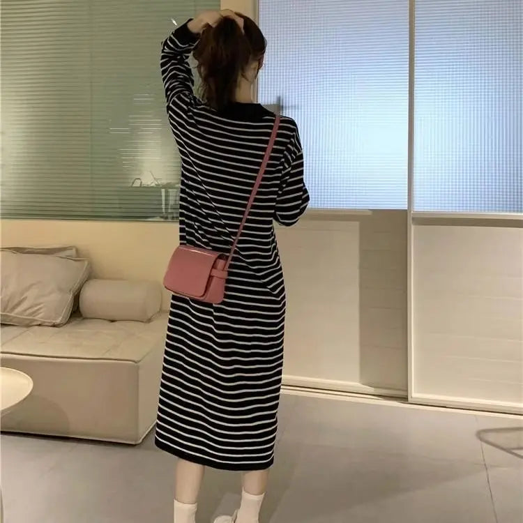 Women's Black Striped Polo Collar Midi Dress - Casual & Flattering - Image 6