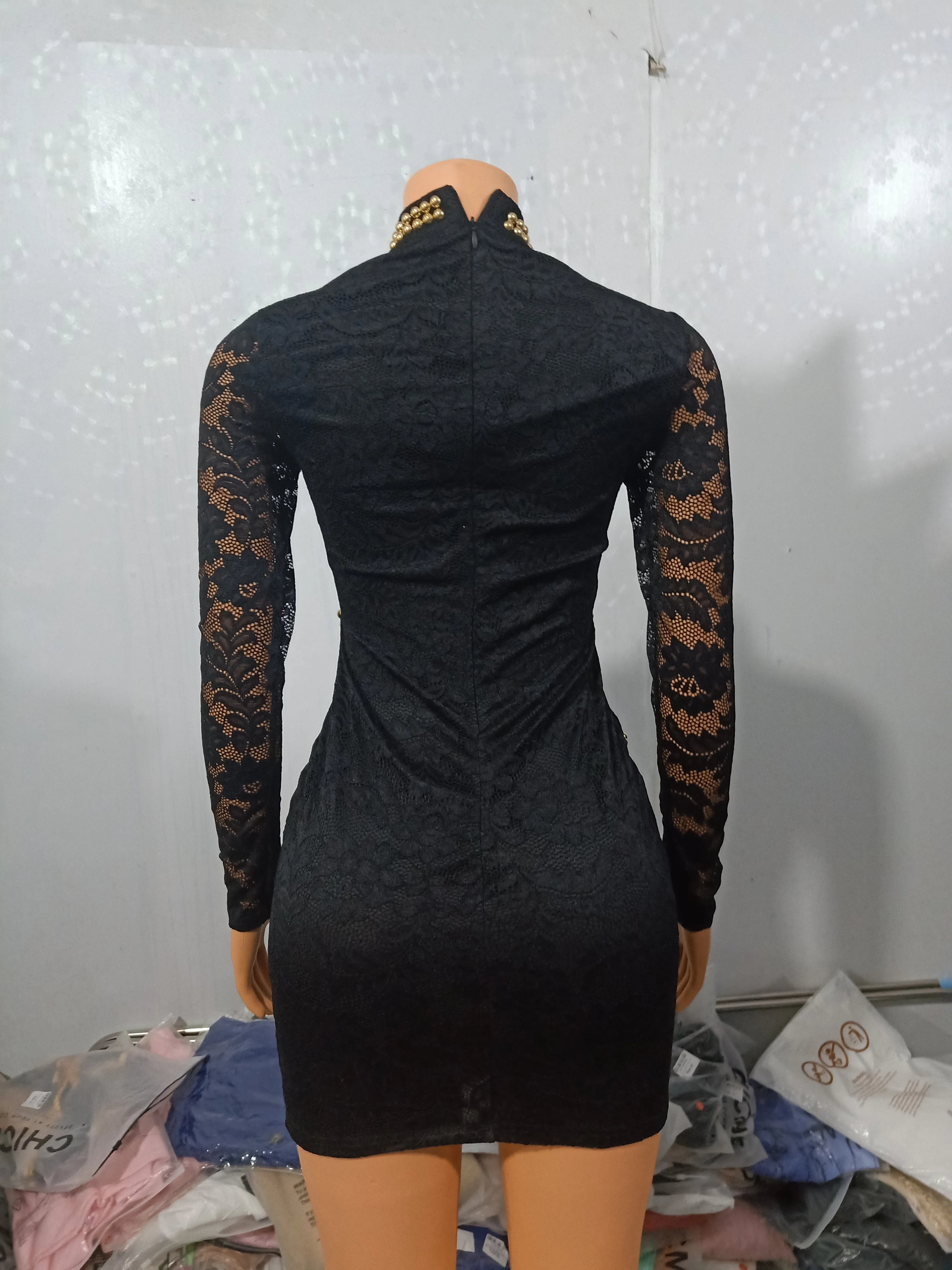 V-Shaped Collar Lace Mini Dress with Long Sleeves - Image 12