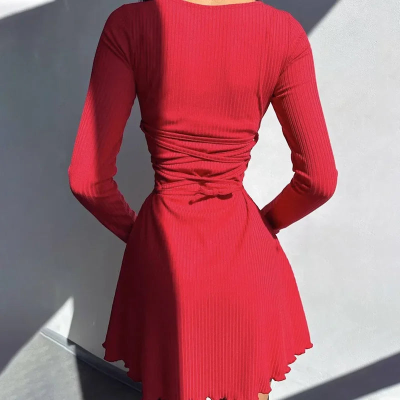 Chic High Waist A-Line Lace-Up Autumn Dress - Image 22