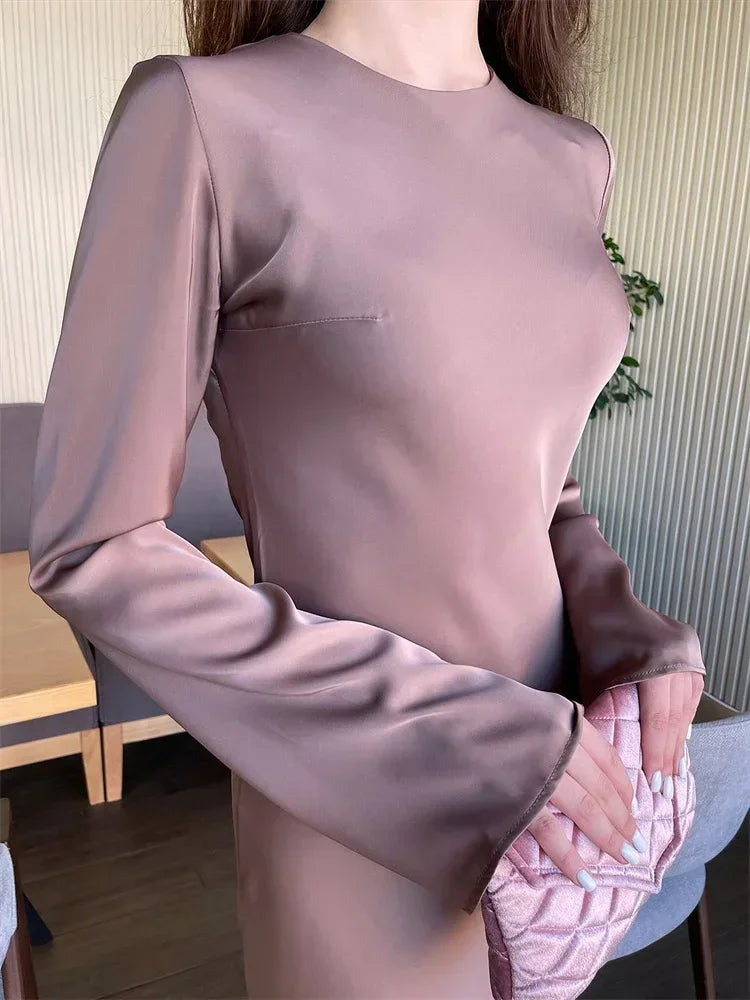 Elegant Long Sleeve Satin Maxi Dress for Women - Image 7