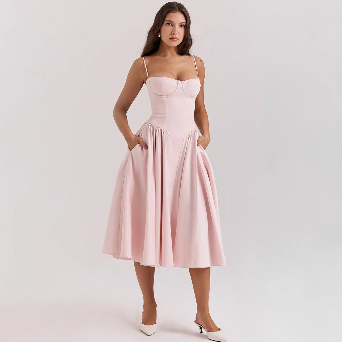 Elegant Pink Midi Dress with Spaghetti Straps for Women - Image 13