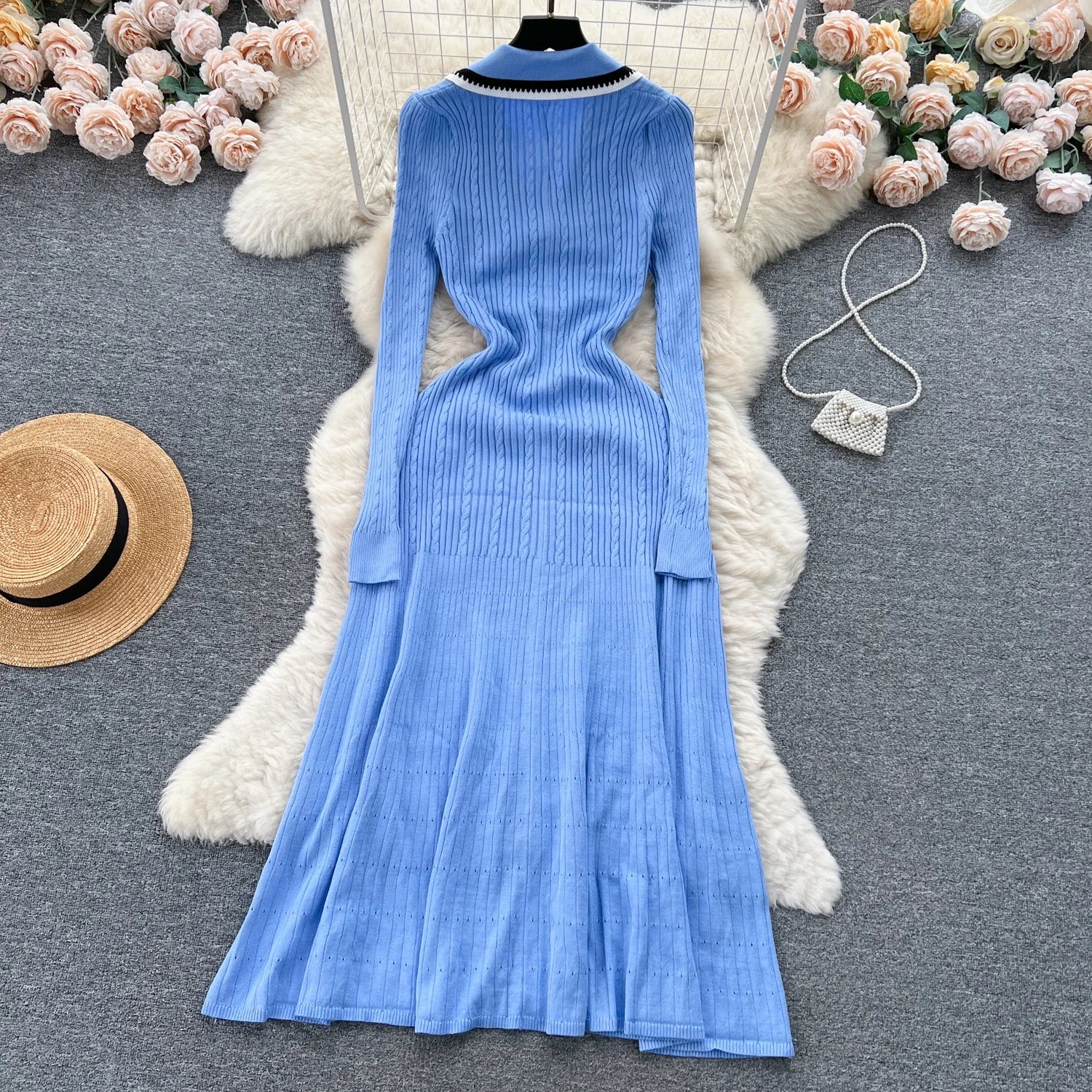 Elegant V-Neck Knitted Dress for Women - Long Sleeve A-Line - Image 19