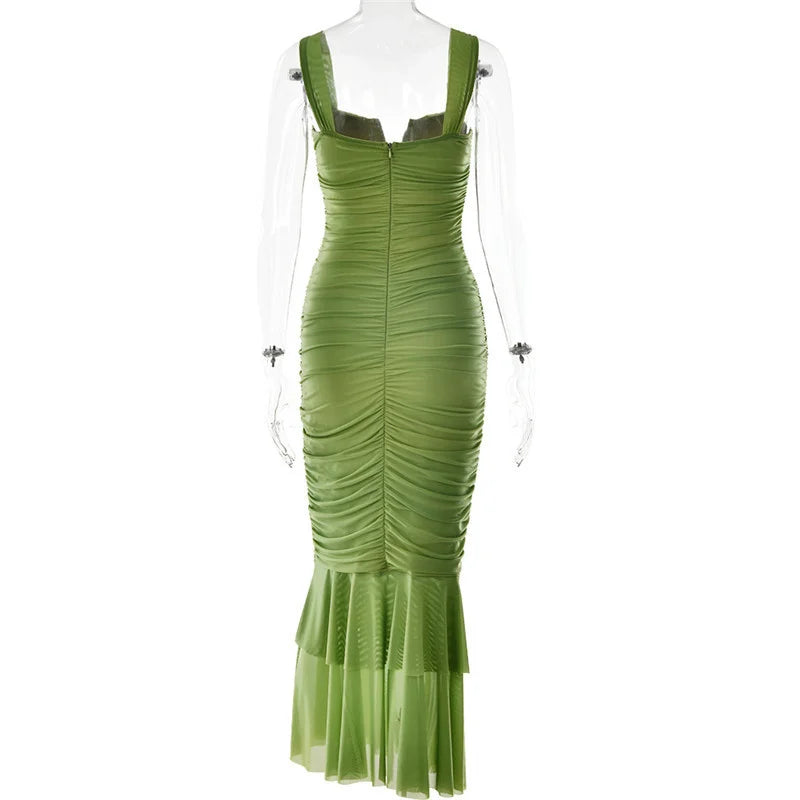 Elegant Spaghetti Strap Backless Ruched Maxi Dress for Women - Image 38