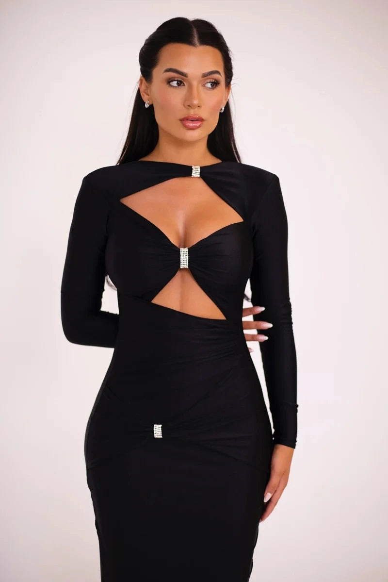 Elegant Hollow Out Long Sleeve Pleated Evening Dress - Image 21