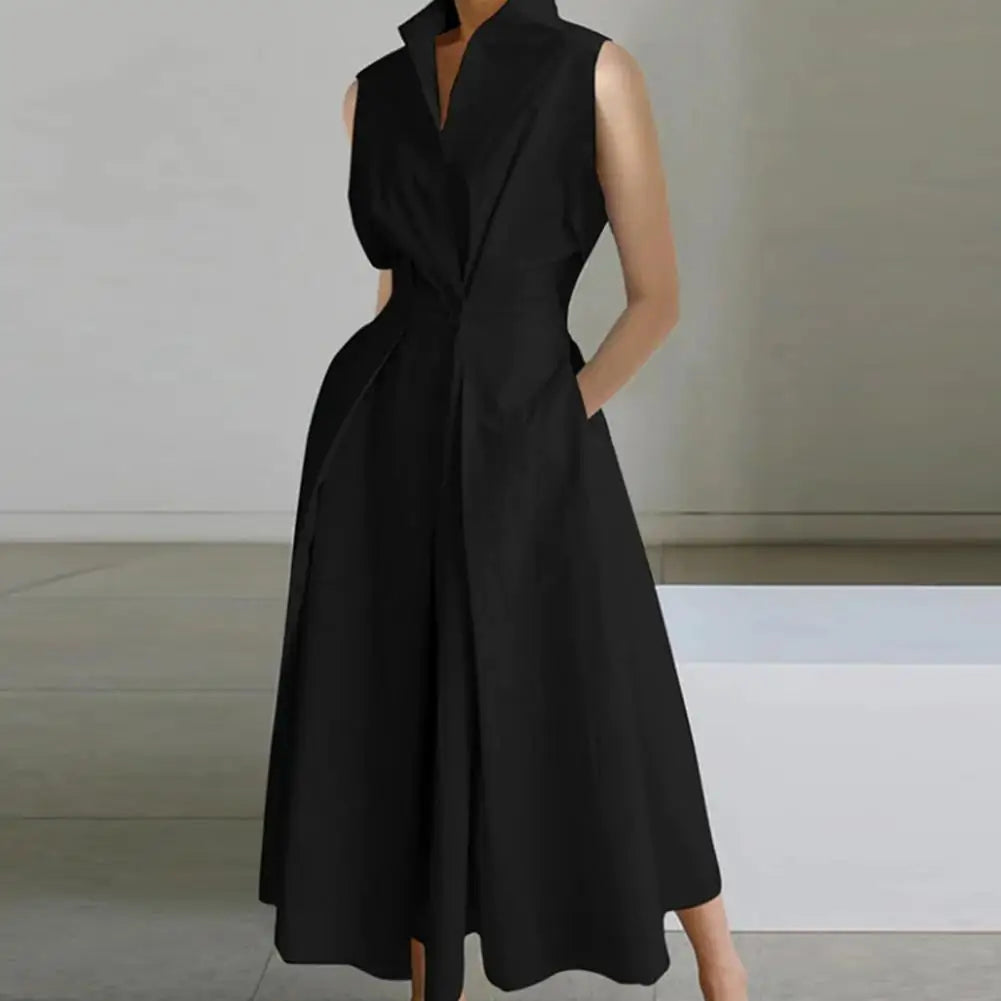 Elegant A-Line Midi Dress with Lapel Button Detail - Image 7