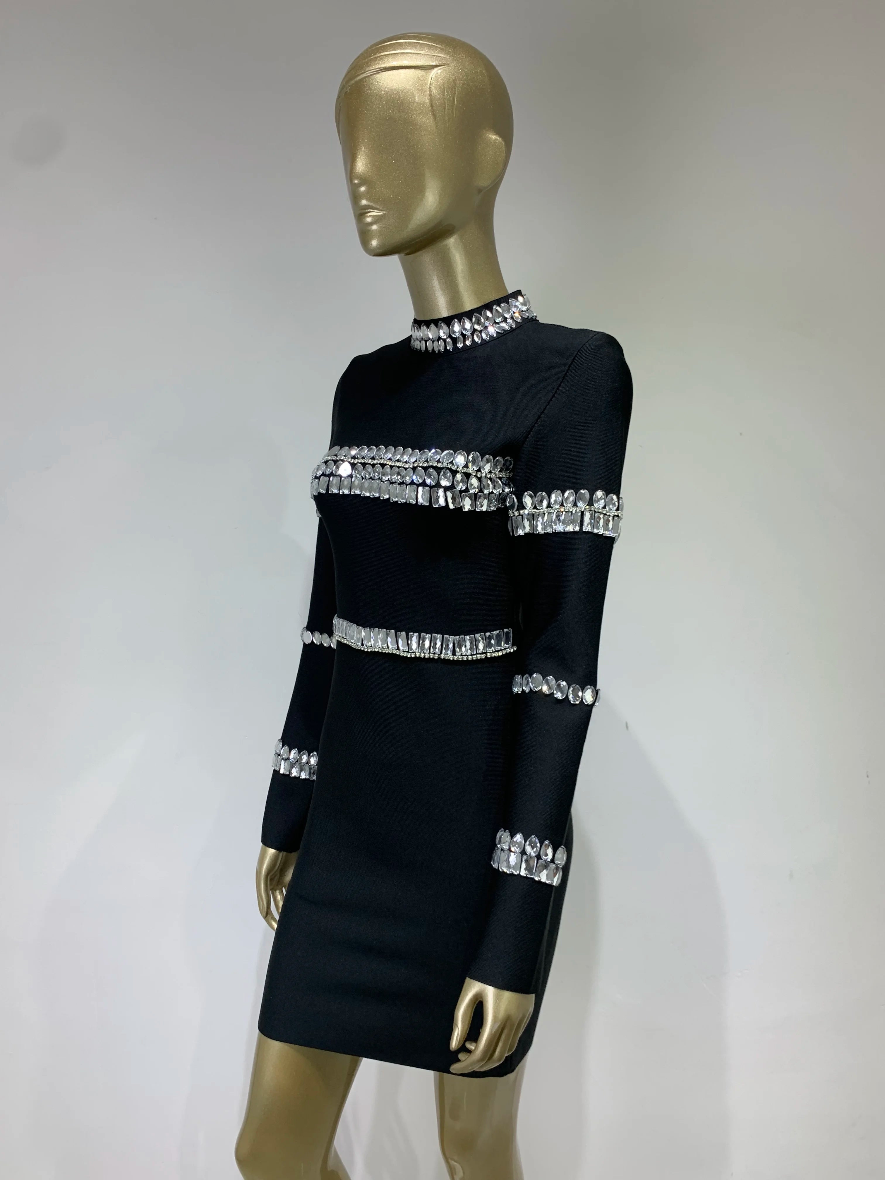 Elegant Long Sleeve Turtleneck Beaded Mini Dress for Parties - Image 5
