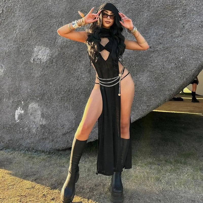 Women’s Gothic Black Hooded High Split Long Dress
