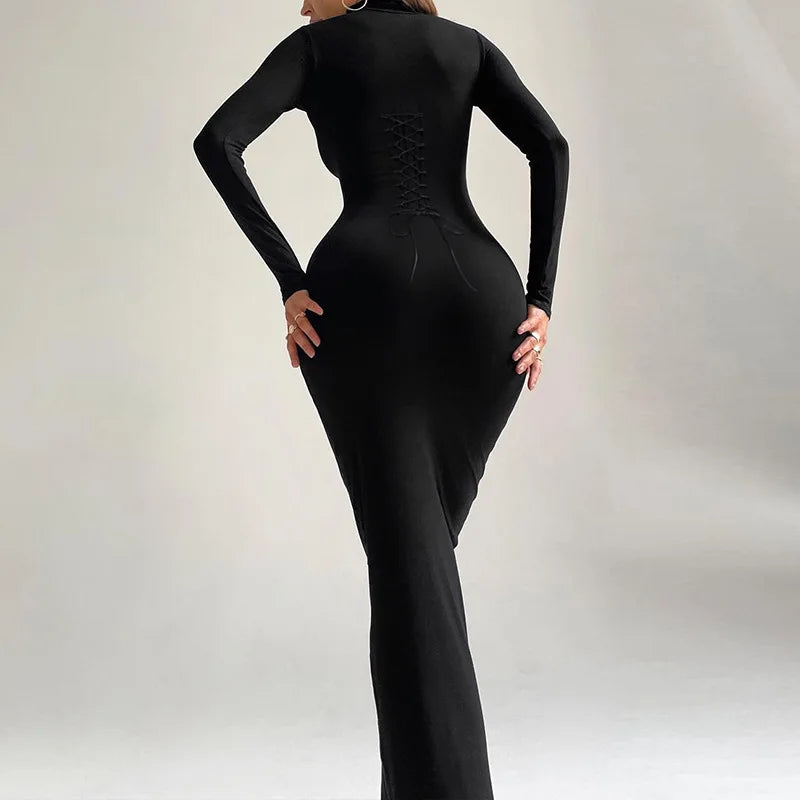 Autumn Slim Fit Backless Lace-Up Long Sleeve Dress - Image 14