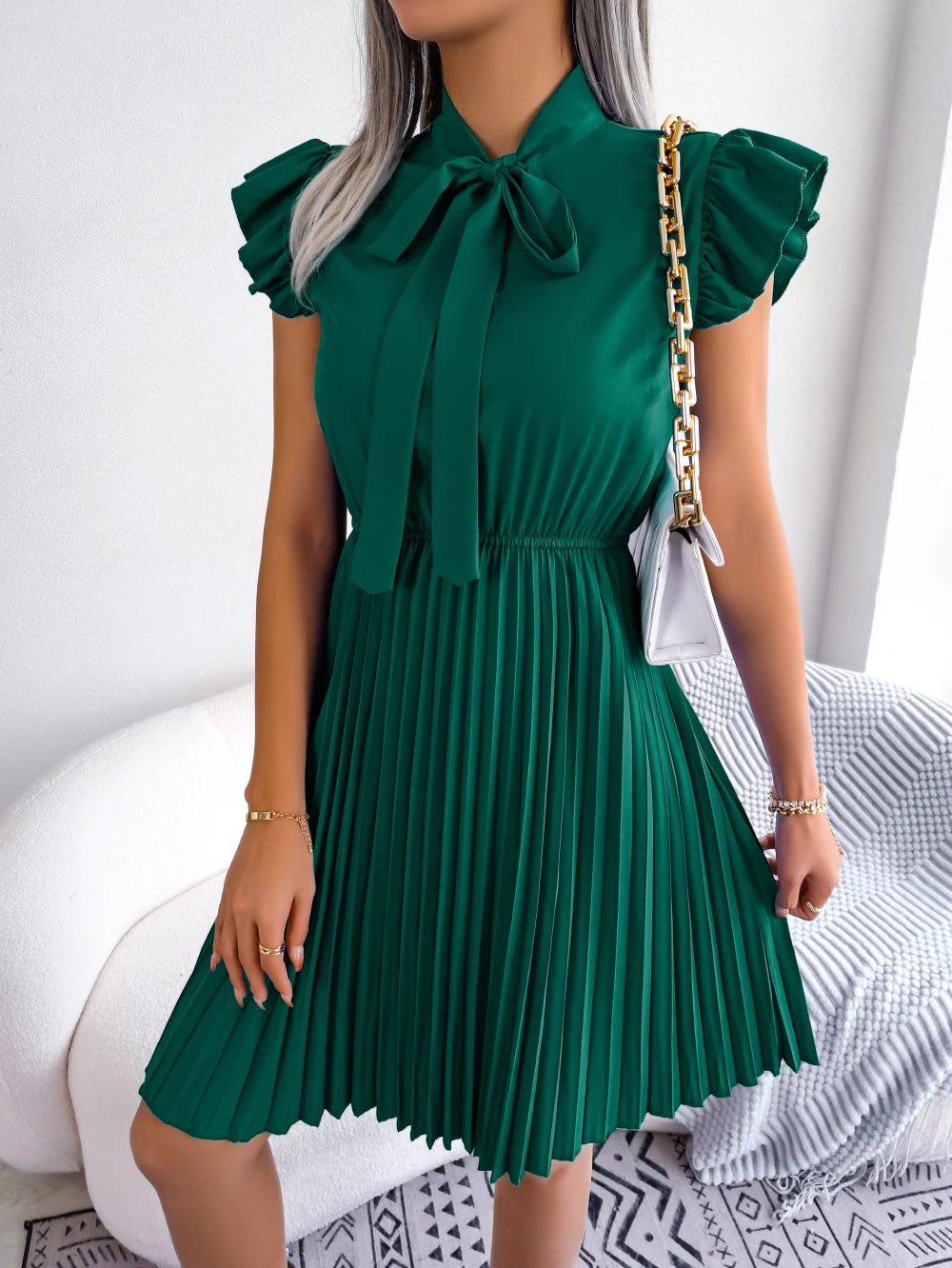 Elegant Summer Pleated Dress with Bow and Ruffles for Women - Image 27