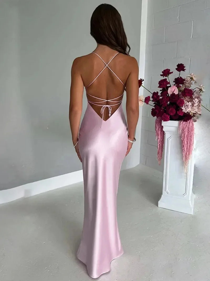 Elegant Backless Satin Spaghetti Strap Evening Dress - Pink - Image 3