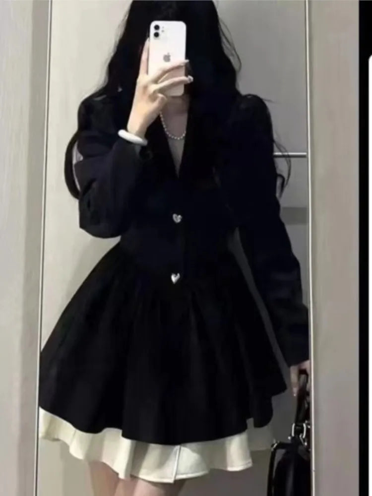 Korean Long Sleeve Black Suit Dress for Women - Image 5