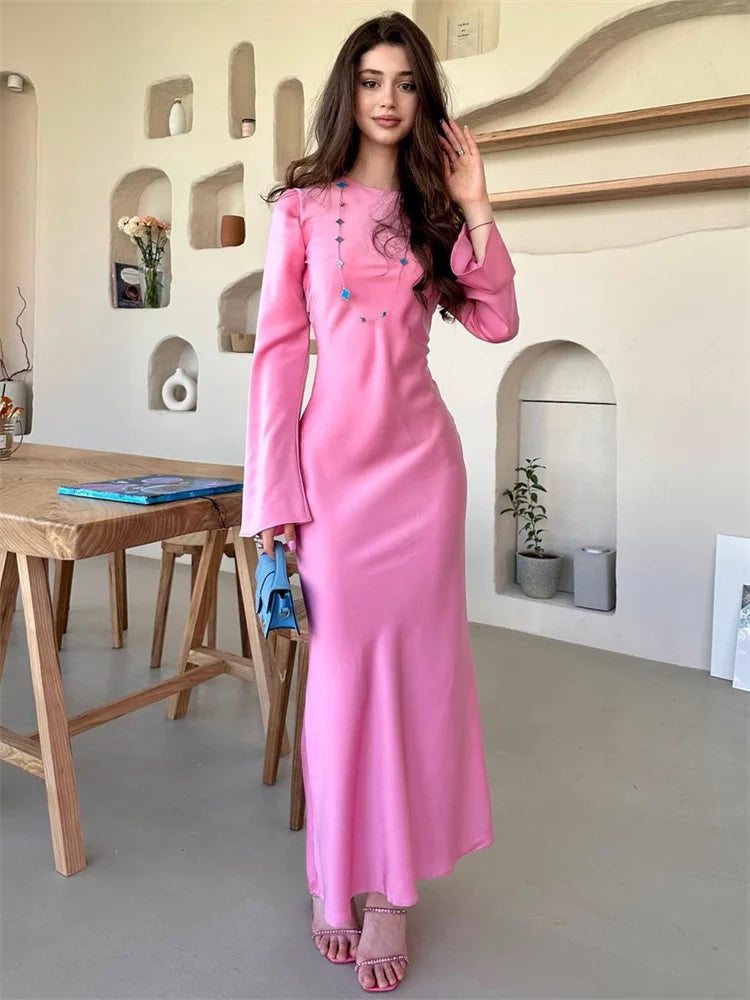Elegant Long Sleeve Satin Maxi Dress for Women - Image 38