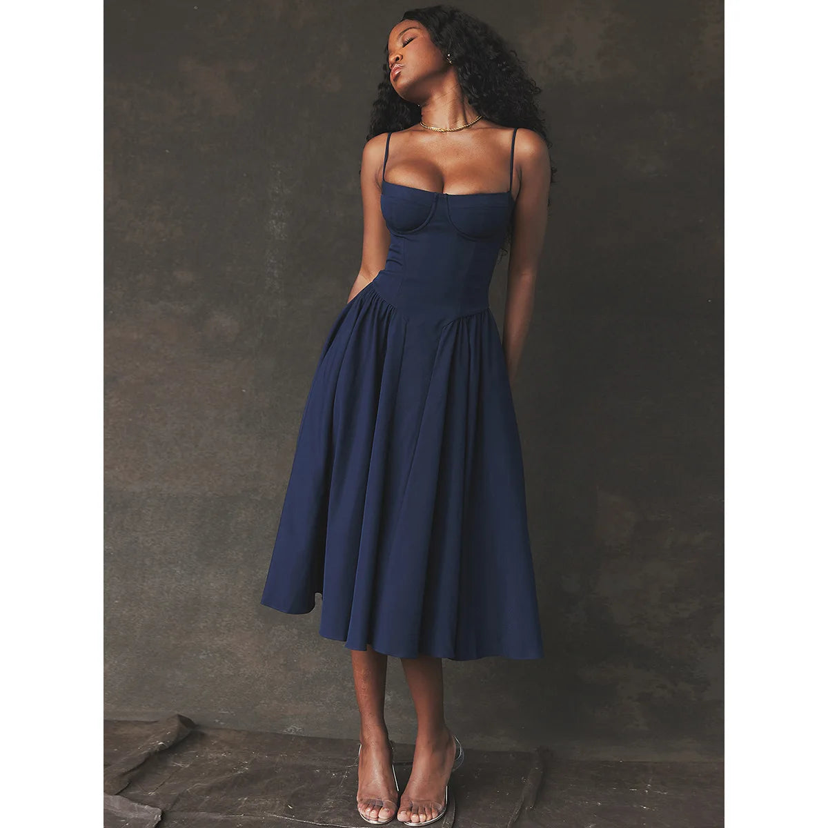 Elegant Sleeveless Midi Dress with Frill Hem & Corset - Image 58