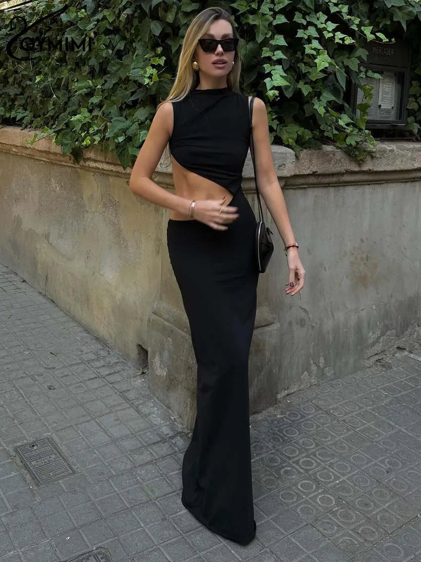 Elegant Black Sleeveless O-Neck Casual Floor-Length Dress