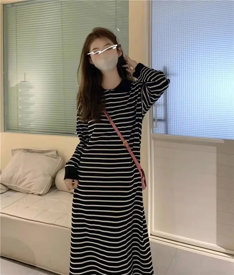 Women's Black Striped Polo Collar Midi Dress - Casual & Flattering - Image 19