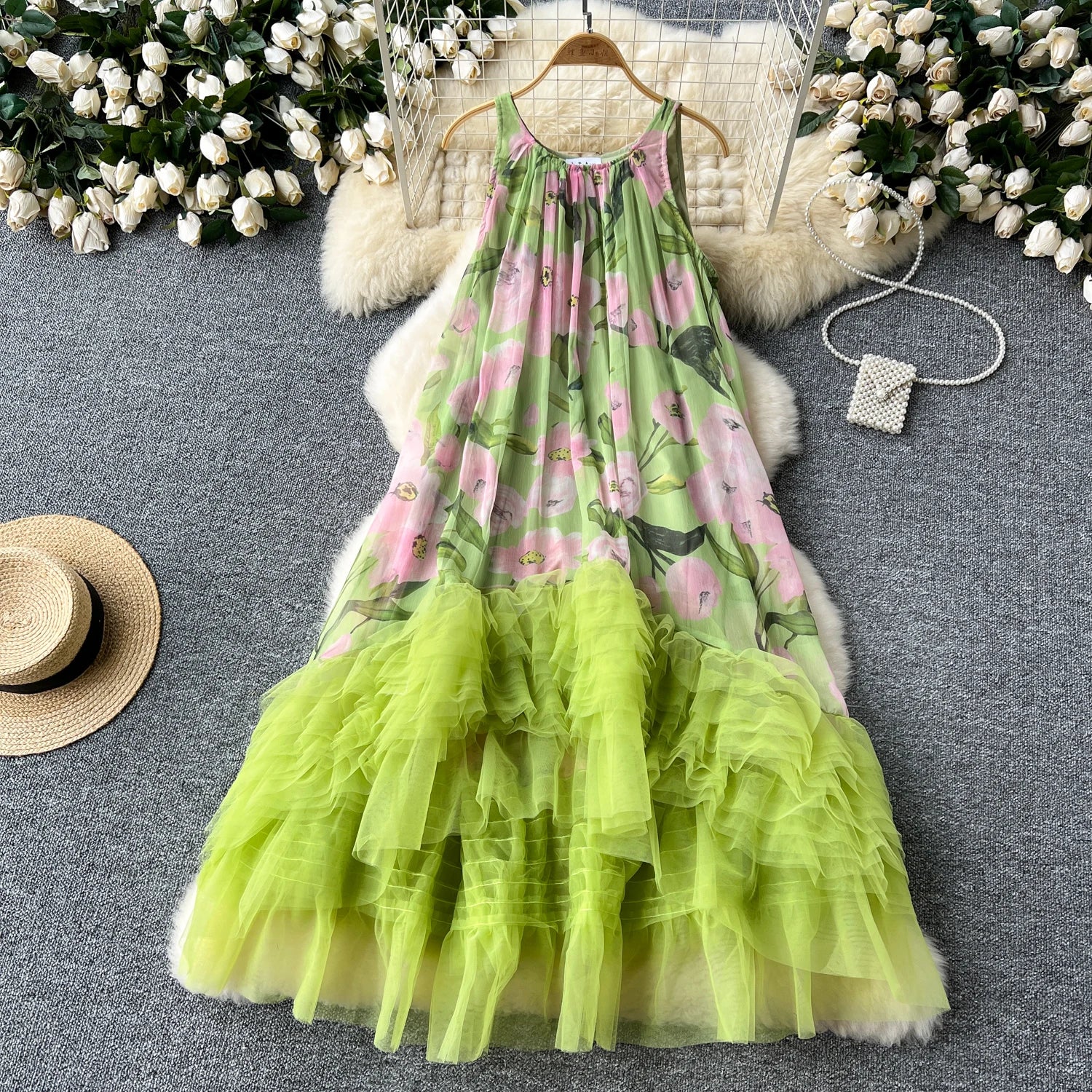 French Vintage Mesh Splice Beach Ball Gown Dress - Image 9