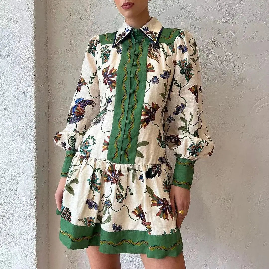 Floral Print Long-Sleeve Dress with Lace-Up Detail for Women - Image 7