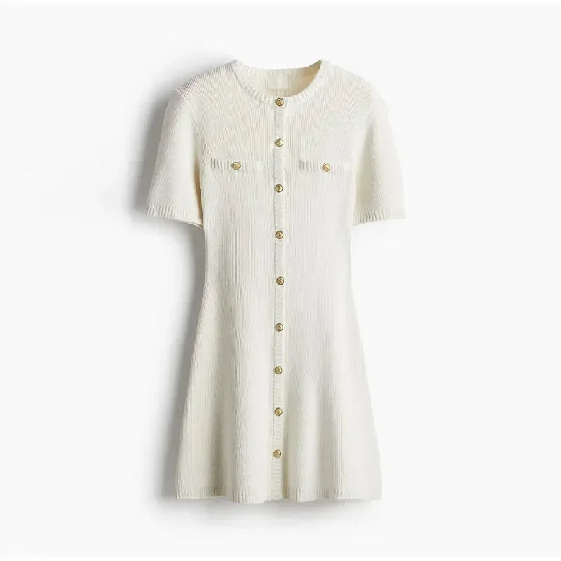 Elegant White Knitted A-Line Dress with Fake Pockets - Image 9